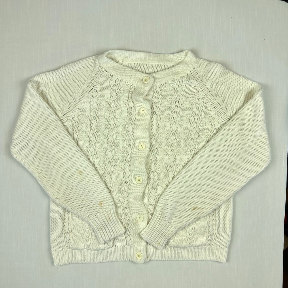 Vintage Cable Knit Cardigan Sweater Cream Button Front Pocket Cream Off White